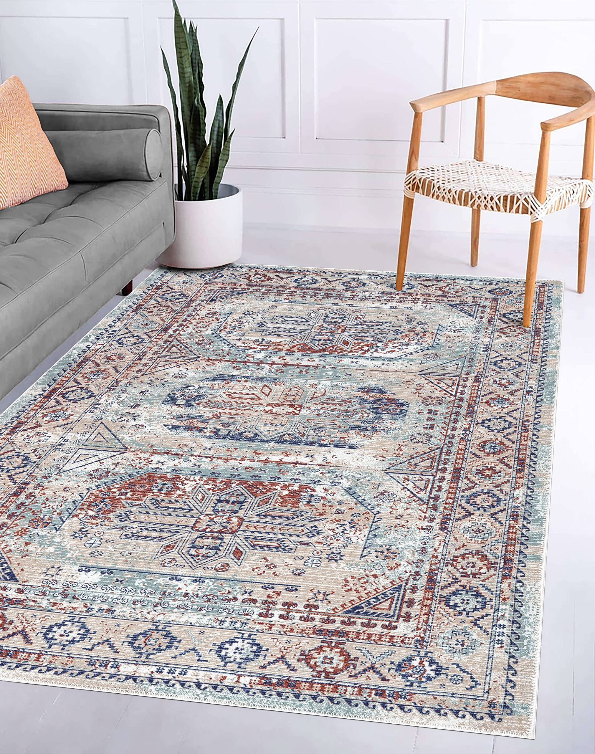**Adiva Washable Non-Slip Area Rug - Vintage Persian Print 6' x 9' Beige Carpet for Living Room, Bedroom, Bathroom & Kitchen - Soft Floor Mat for Home Decor & Cozy Spaces**