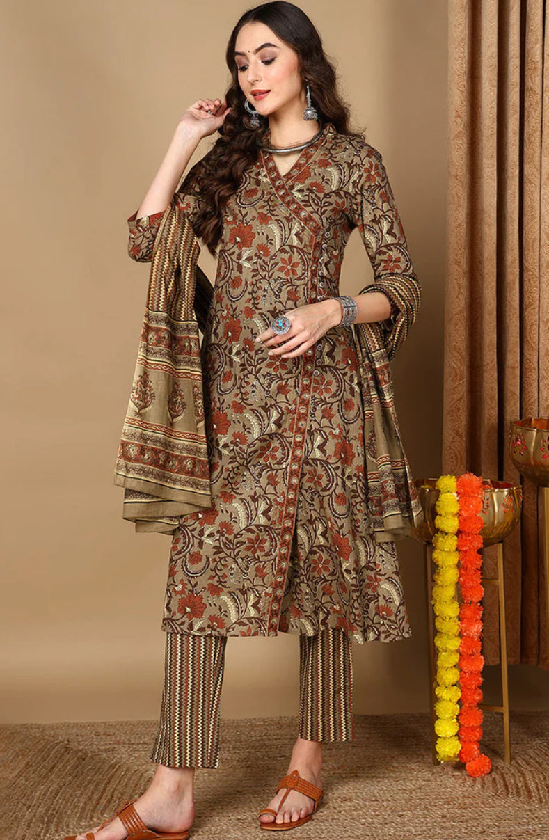 Taupe Pure Cotton Floral Printed Angharkha Suit Set for Women | Traditional Indian Ethnic Wear | Perfect for Festivals, Weddings & Special Occasions