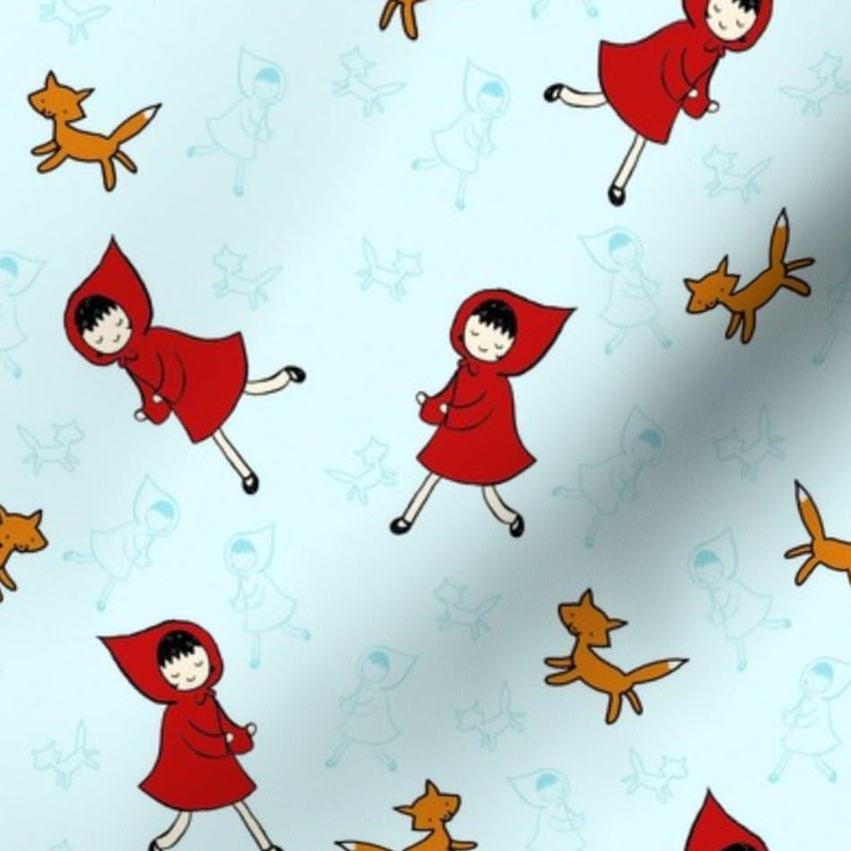 Premium Spoonflower Fabric - Red Blue Wolf Fox Woods Woodland Fairy Tale Cute Printed Minky Fabric Fat Quarter - Perfect for Sewing Baby Blankets, Quilt Backing & Plush Toys - Soft & Cozy for Nursery Decor & DIY Craft Projects