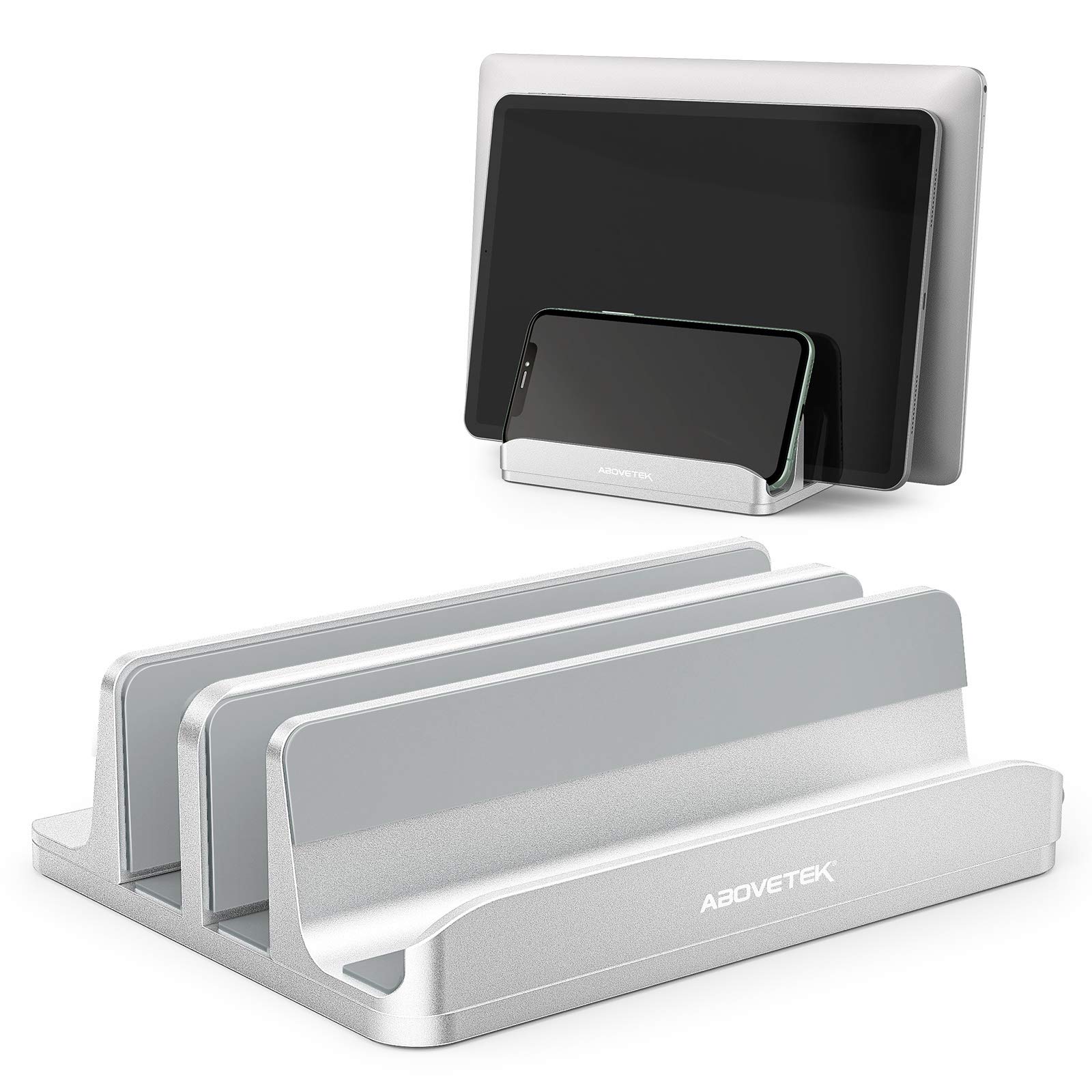 AboveTEK Aluminum Vertical Laptop Stand with 3 Slots - Heavy Duty Adjustable Desktop Organizer for MacBook, iPad, Smartphone (Fits up to 17.3
