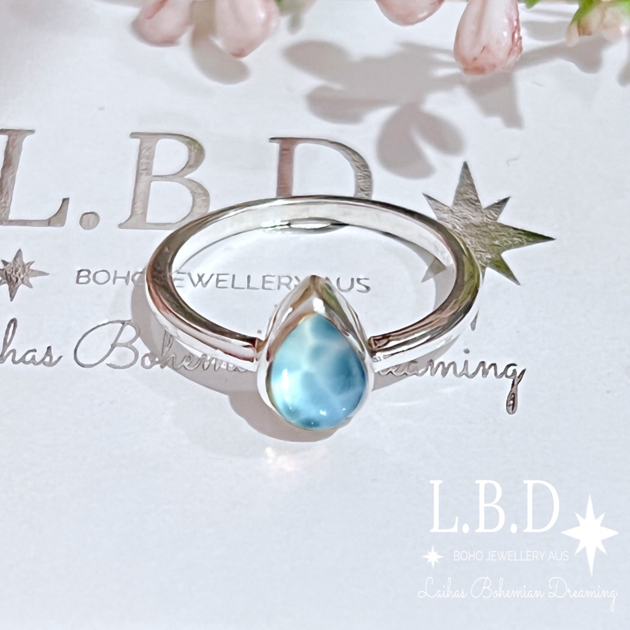 Laihas Mini Tearing Spirit Larimar Ring - Genuine Larimar Stone Silver Jewelry for Women, Handmade Boho Chic Ring - Perfect for Meditation, Yoga & Spiritual Healing