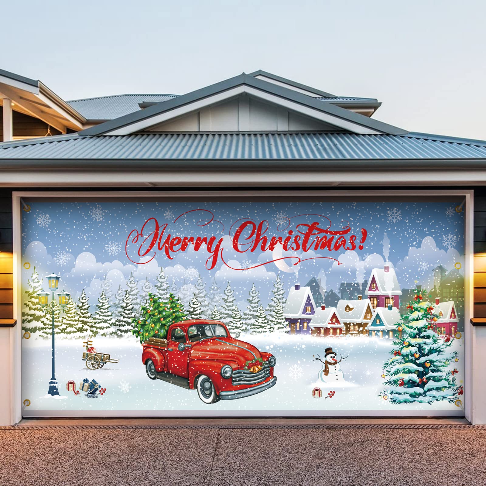 7 x 16 ft Blue Double Garage Door Christmas Decorations - Large Outdoor Merry Christmas Banner & Mural for Holiday Home Decoration (2023 Collection) | Perfect for Front Yard, Porch & Neighborhood Festive Display