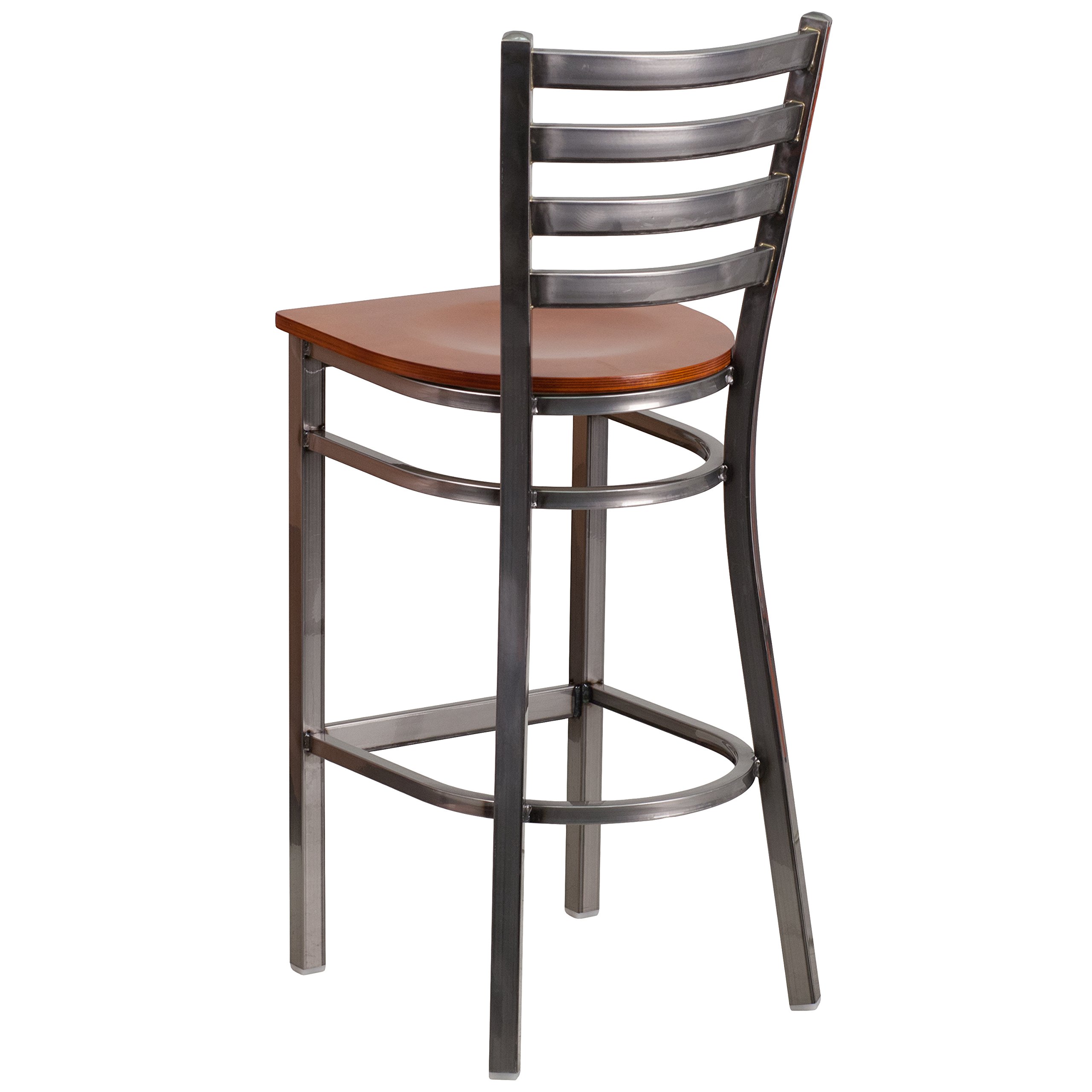 EMMA + OLIVER Clear Coated Metal Ladder Back Barstool with Cherry Wood Seat - Modern Kitchen Counter Stool for Dining Room, Bar, and Breakfast Nook