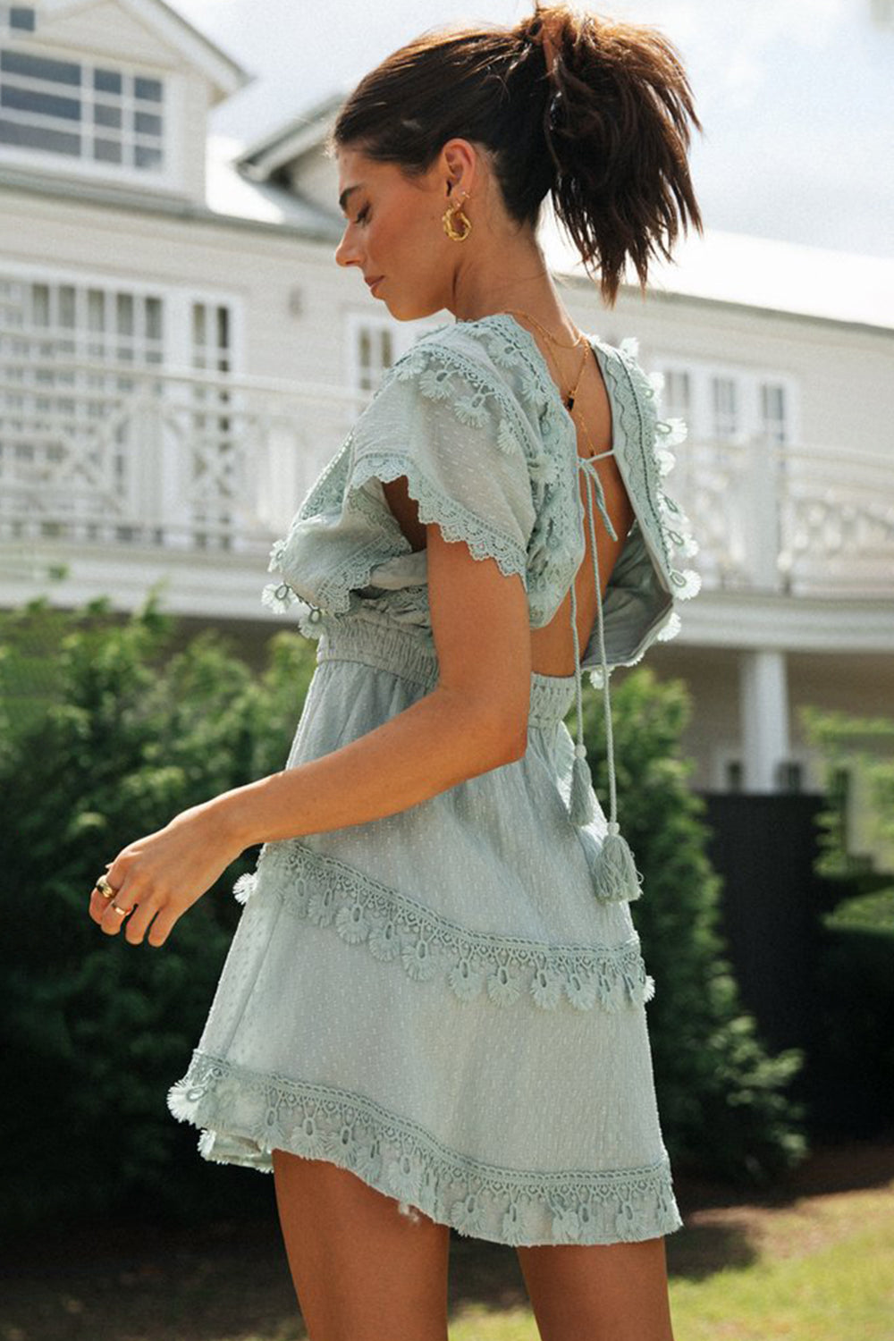 Sexy Lace Detail Plunge Neck Short Sleeve Mini Dress for Women - Perfect for Date Night, Cocktail Party & Summer Vacation