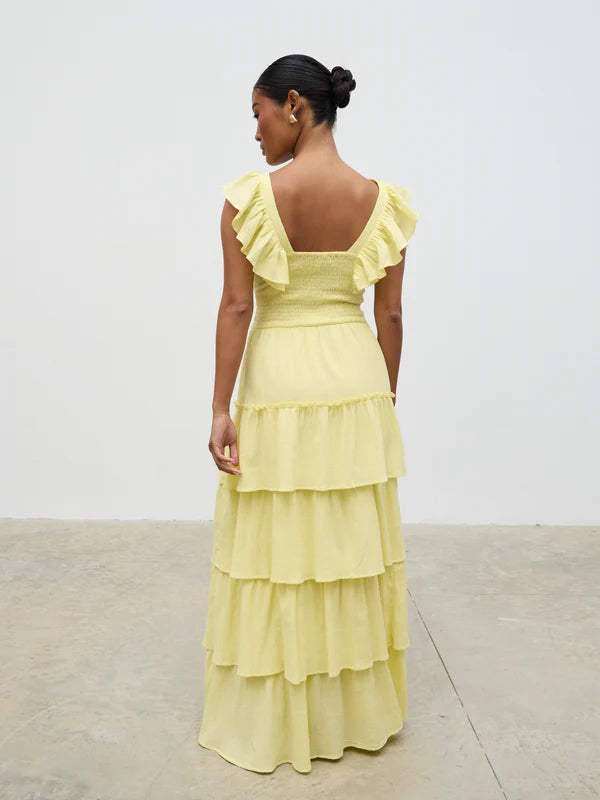 Opal Ruffle Maxi Dress - Women's Flowy Summer Dress in Lemon Yellow | Perfect for Beach Vacations, Weddings & Boho Fashion
