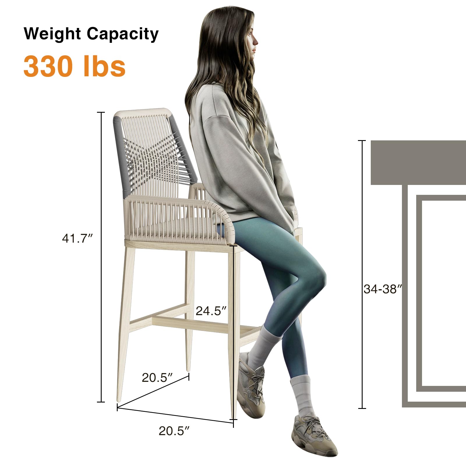 Modern Rattan Wicker Bar Stools Set of 2 - Counter Height Barstools with Backrest & Cushion, Grey - Perfect for Kitchen Island, Patio, Balcony, Poolside & Outdoor Dining Areas
