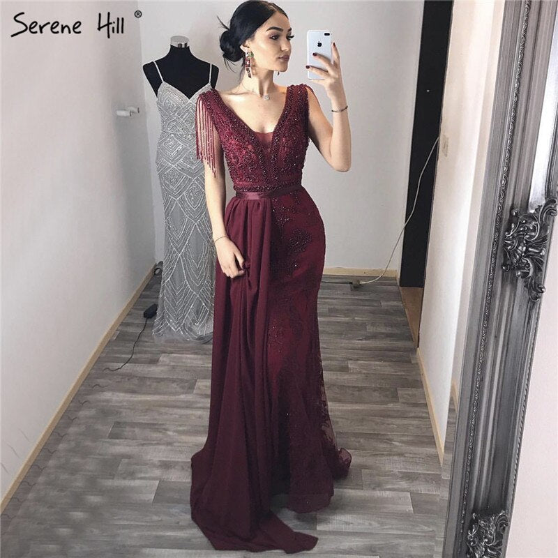 Serene Hill Wine Red Removable Sashes Evening Gown - Plus Size Beaded Tassel Luxury Formal Dress LA60846 for Prom, Gala & Dubai Events 2025