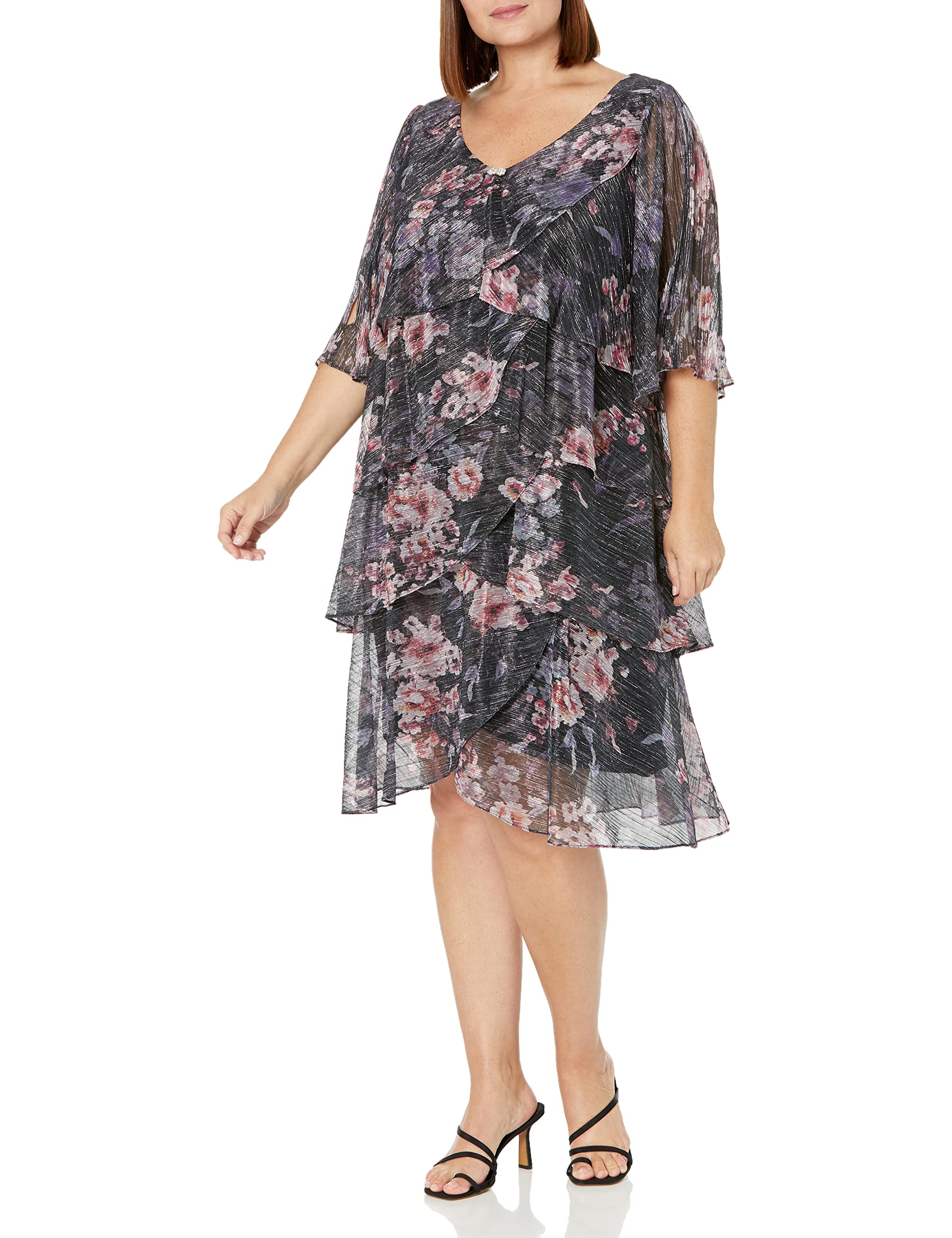 S.L. Fashions Women's Plus Size Metallic Boudre Tier Dress - Elegant Party & Evening Wear for Curvy Women