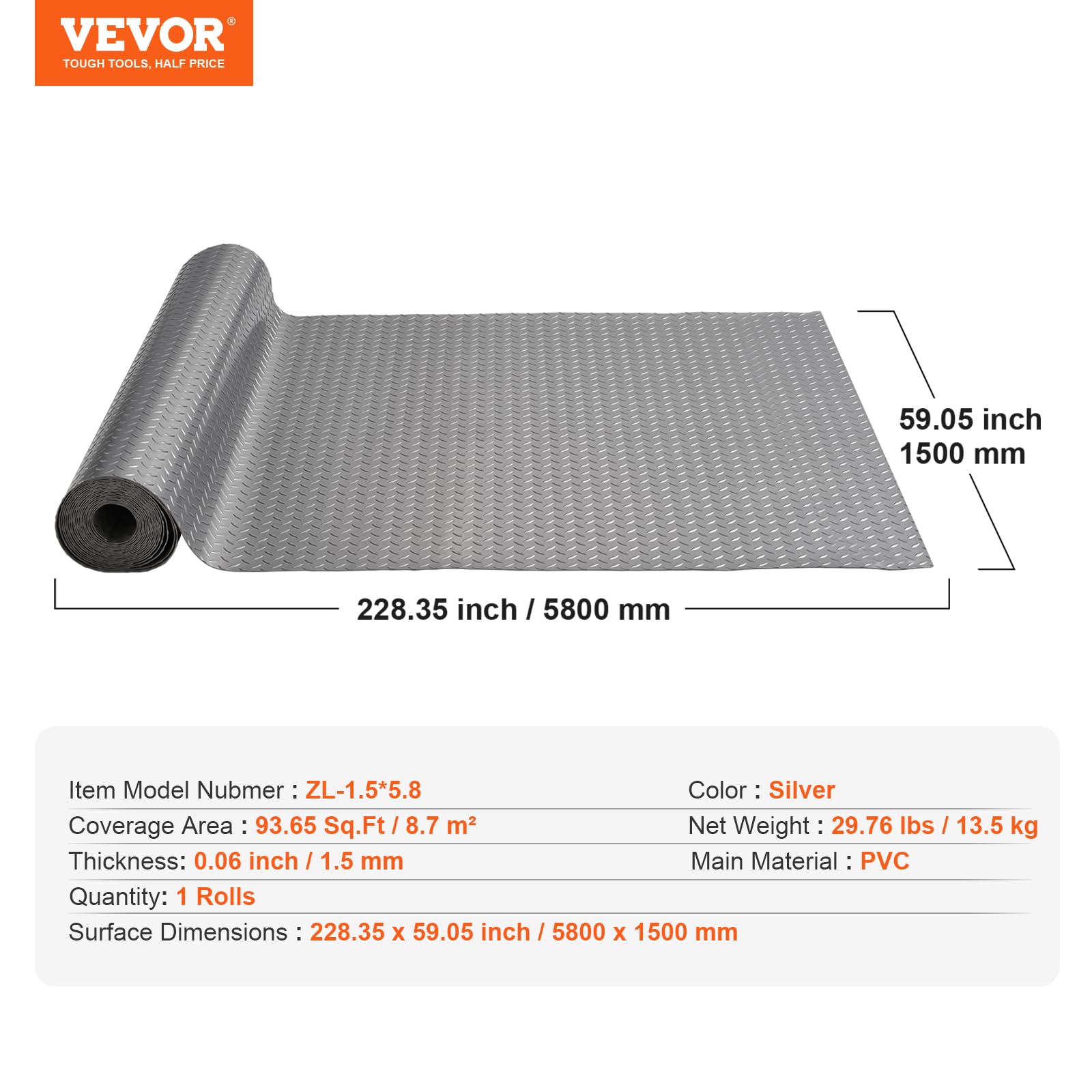VEVOR 19 x 4.9 FT PVC Garage Floor Mat with Non-Slip Diamond Texture - 93.65 sq.ft Coverage - Heavy Duty Garage Flooring Roll for Cars, Gyms, Boats & Trailers - Gray - Perfect for Workshop Protection & Vehicle Parking