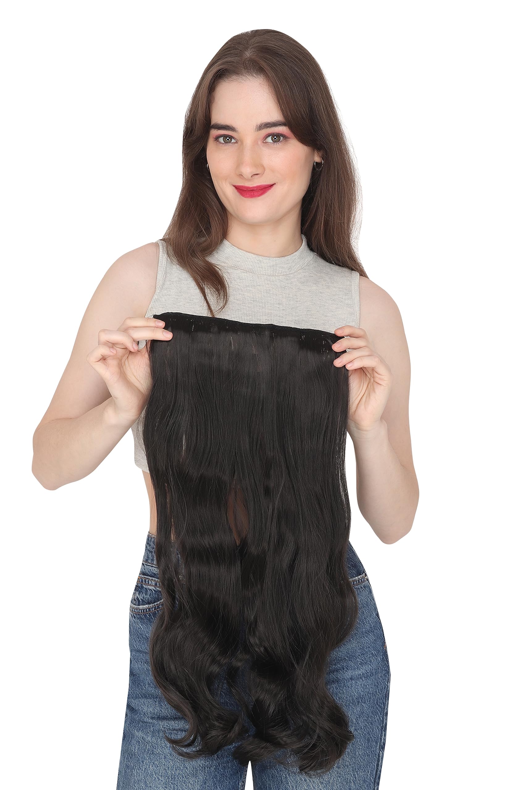DELORUS 24 Inch Natural Brown Curly Wavy Hair Extensions for Women - 5 Clip-in Human Hair Extensions Pack of 1 - Perfect for Daily Wear, Parties & Special Occasions
