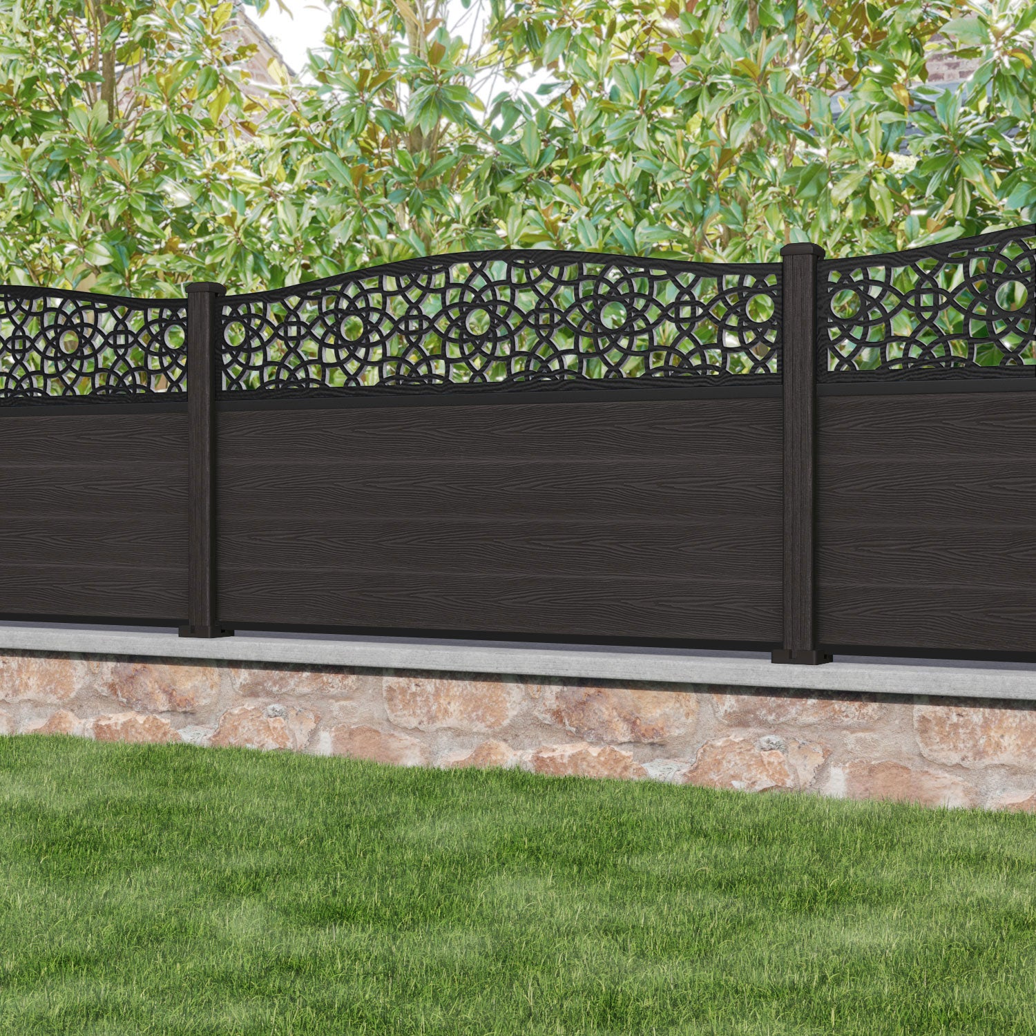 Dark Oak Classic Amber Curved Top Fence Panel with Composite Posts - Durable Privacy Fencing for Backyard, Garden, and Outdoor Decor