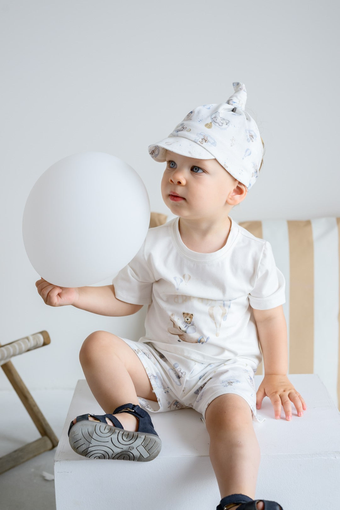 Jacob Ivory Beige & Blue Teddy T-Shirt & Shorts Set - Soft Cotton Comfort Outfit for Boys, Casual Playwear, Everyday Summer Style