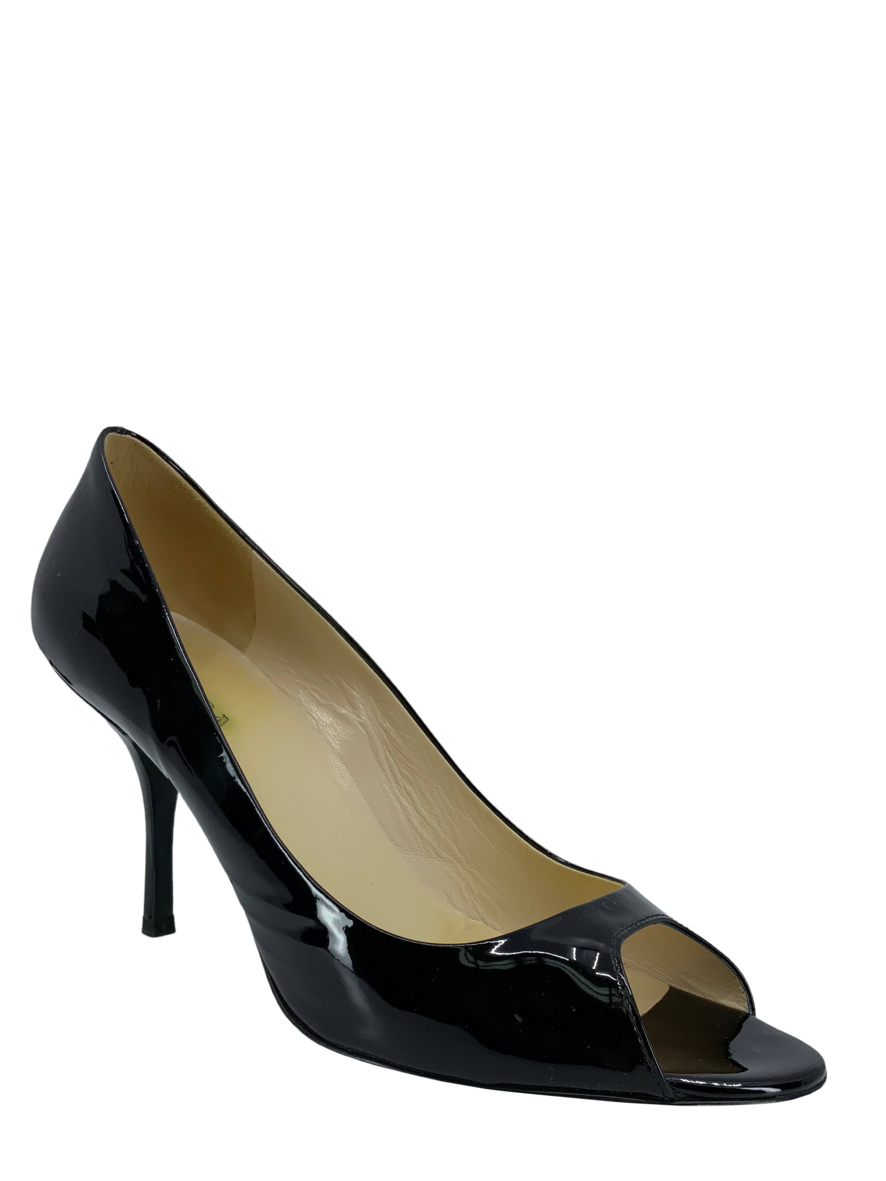 Prada Women's Patent Leather Peep Toe Pumps Size 10 - Elegant High Heels for Office, Party & Wedding Events