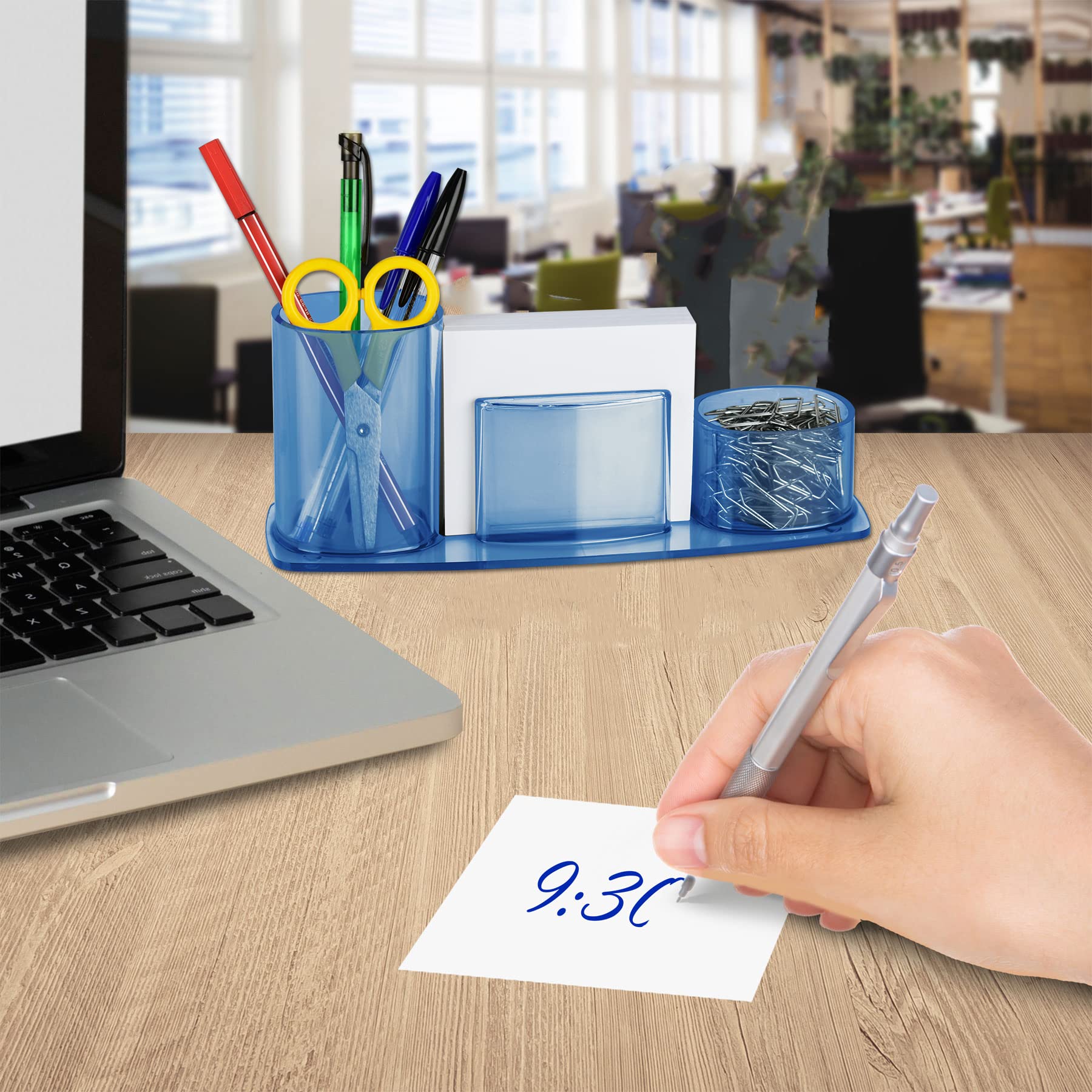 Acrimet Millennium Clear Blue Plastic Desktop Organizer - Pen, Pencil, Clip & Paper Holder with Included Paper - Perfect for Office, School & Home Workspace Organization