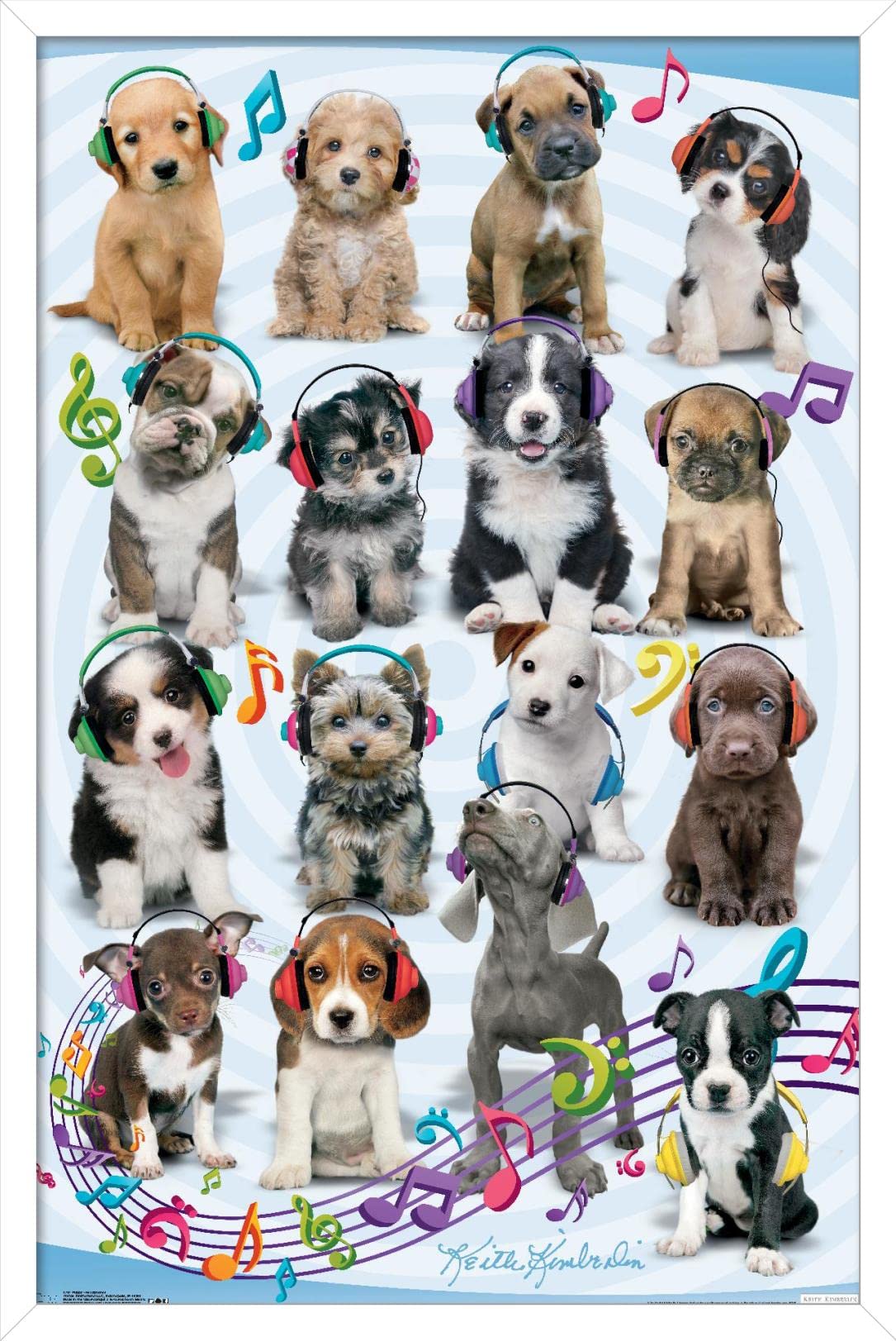 Trends International Keith Kimberlin Puppies Headphones Wall Poster - 14.725 x 22.375 Inches, White Framed Art Print - Perfect for Bedroom, Living Room & Office Decor