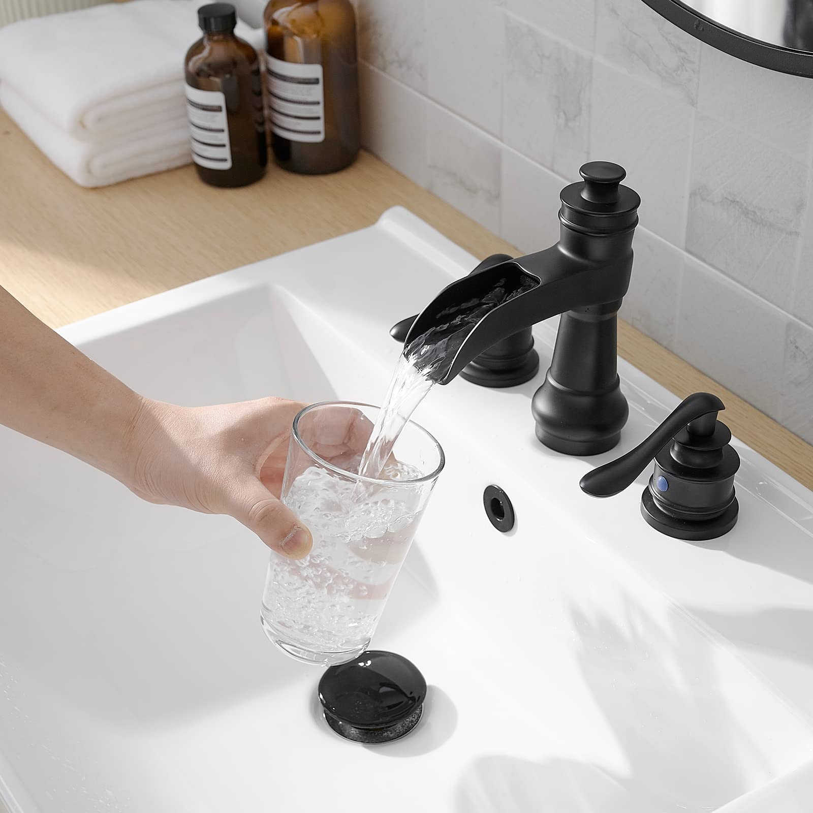 BATHLAVISH Matte Black Widespread Bathroom Faucet Set - 3 Hole 2 Handle Waterfall Farmhouse Sink Faucet with Pop Up Drain Assembly | Modern Vanity Bathroom Upgrade for Home & Hotel Renovation