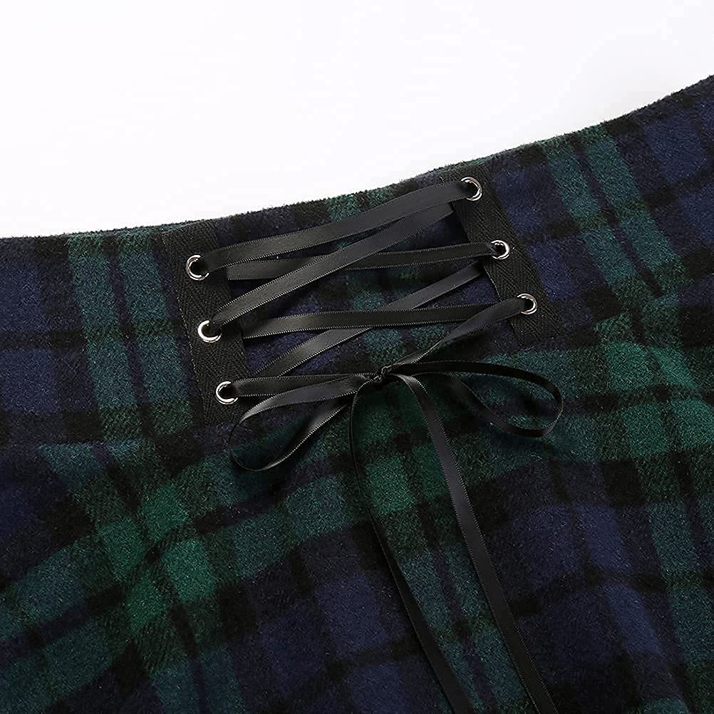 Kinghua Women's Warm Wool Plaid Mini Skirt - High Waisted Lace Up Pleated Skater Skirt for Winter | Perfect for Office, Dating & Holiday Outfits