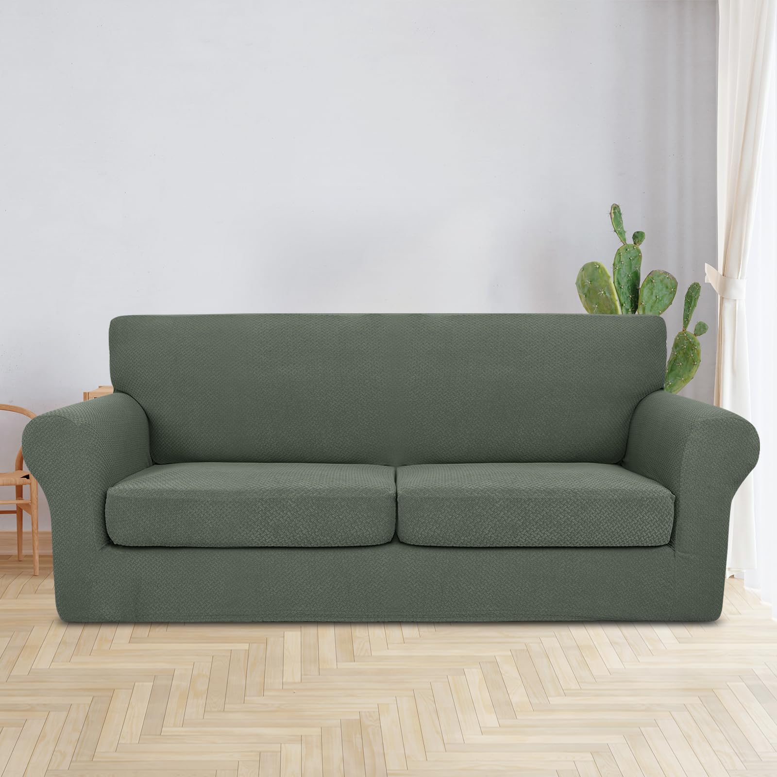 JIVINER 3-Piece Stretch Sofa Slipcover Set for 2-Cushion Loveseat - Includes 2 Extra Large Seat Covers, Thick Fitted Couch Cover in Army Green - Perfect for Living Room, Apartment & Home Decor Protection