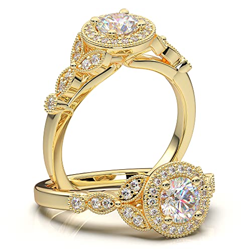 14K Yellow Gold Vintage Floral Halo Engagement Ring - Forever One Colorless Moissanite Center Stone, Milgrain Detailing, Flower Design Wedding Band | Perfect for Proposals, Anniversaries & Bridal Jewelry Gifts