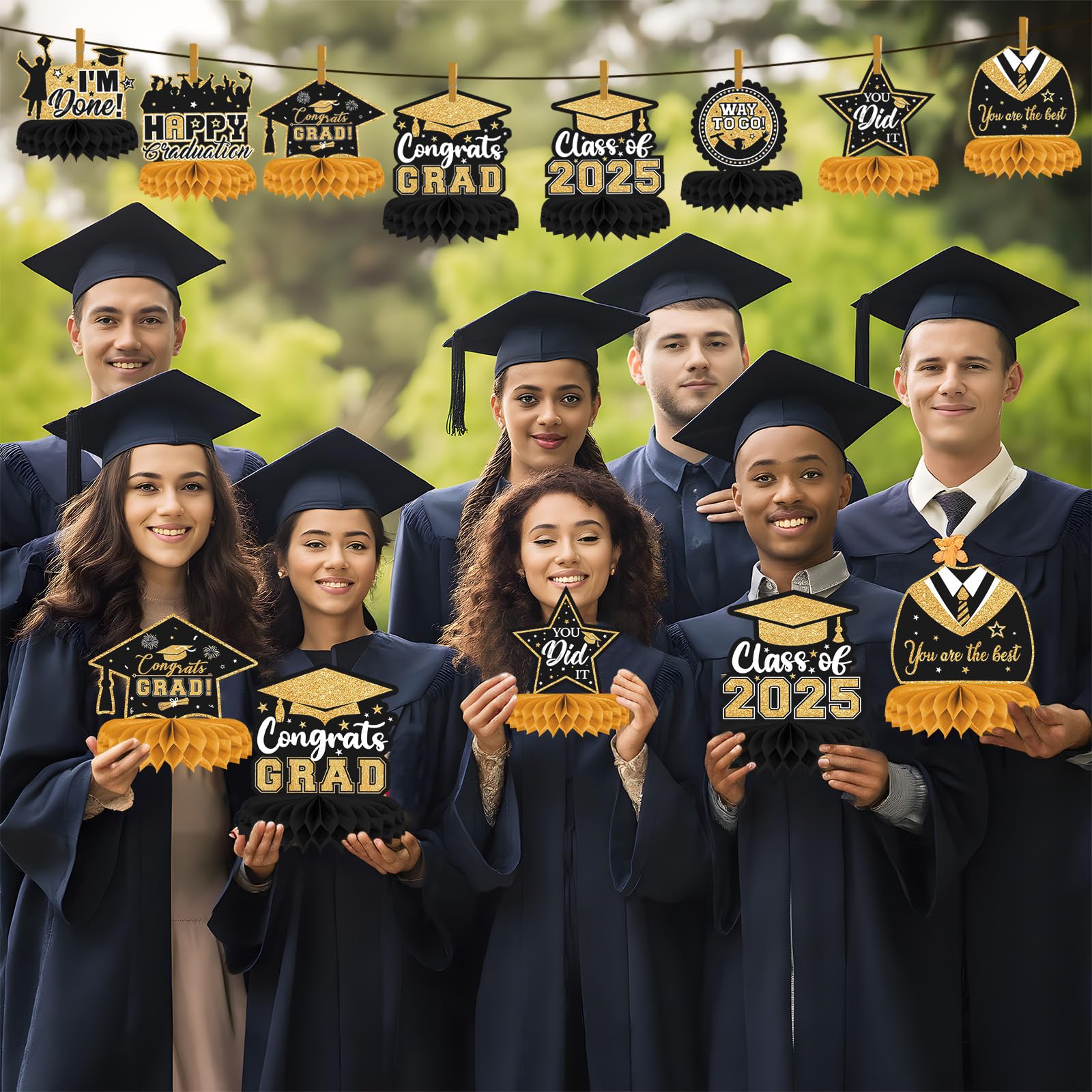 8-Piece Class of 2025 Graduation Table Decor Set - Black & Gold Honeycomb Centerpieces for Grad Party, Congrats Grad Table Toppers - Perfect for High School & College Graduation Ceremonies, Photo Backdrops & Celebration Decorations