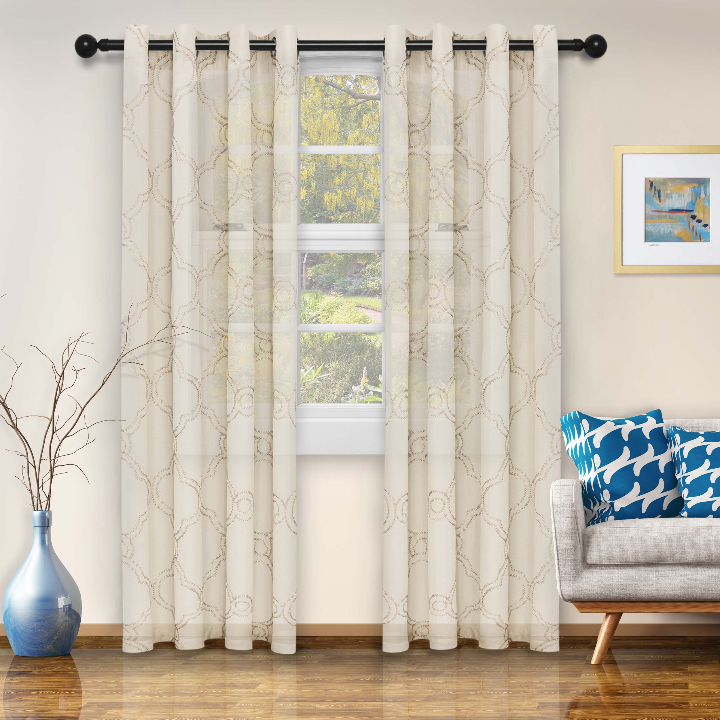 Embroidered Moroccan Sheer Grommet Curtain Set - Elegant Window Treatments for Living Room, Bedroom & Boho Home Decor