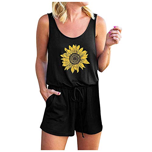 Women's Casual Sleeveless Sunflower Print Jumpsuit with Body Pocket & Belt - Black (Size L) | Summer Outfit, Beach Wear, Vacation Fashion, Street Style