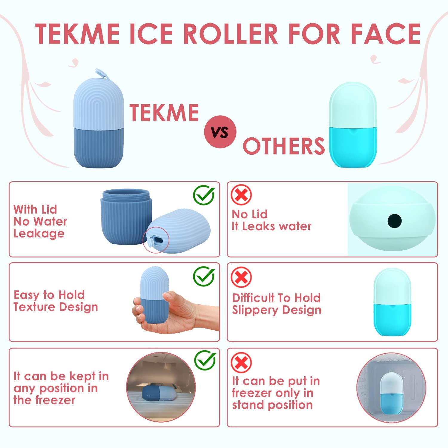 VishBin Ice Roller for Face - Cooling Facial Massage Tool for Women, Leakproof Silicone Roller to Reduce Puffiness & Glow Skin | Perfect for Morning Routine, Post-Workout Recovery & Skincare Regimen