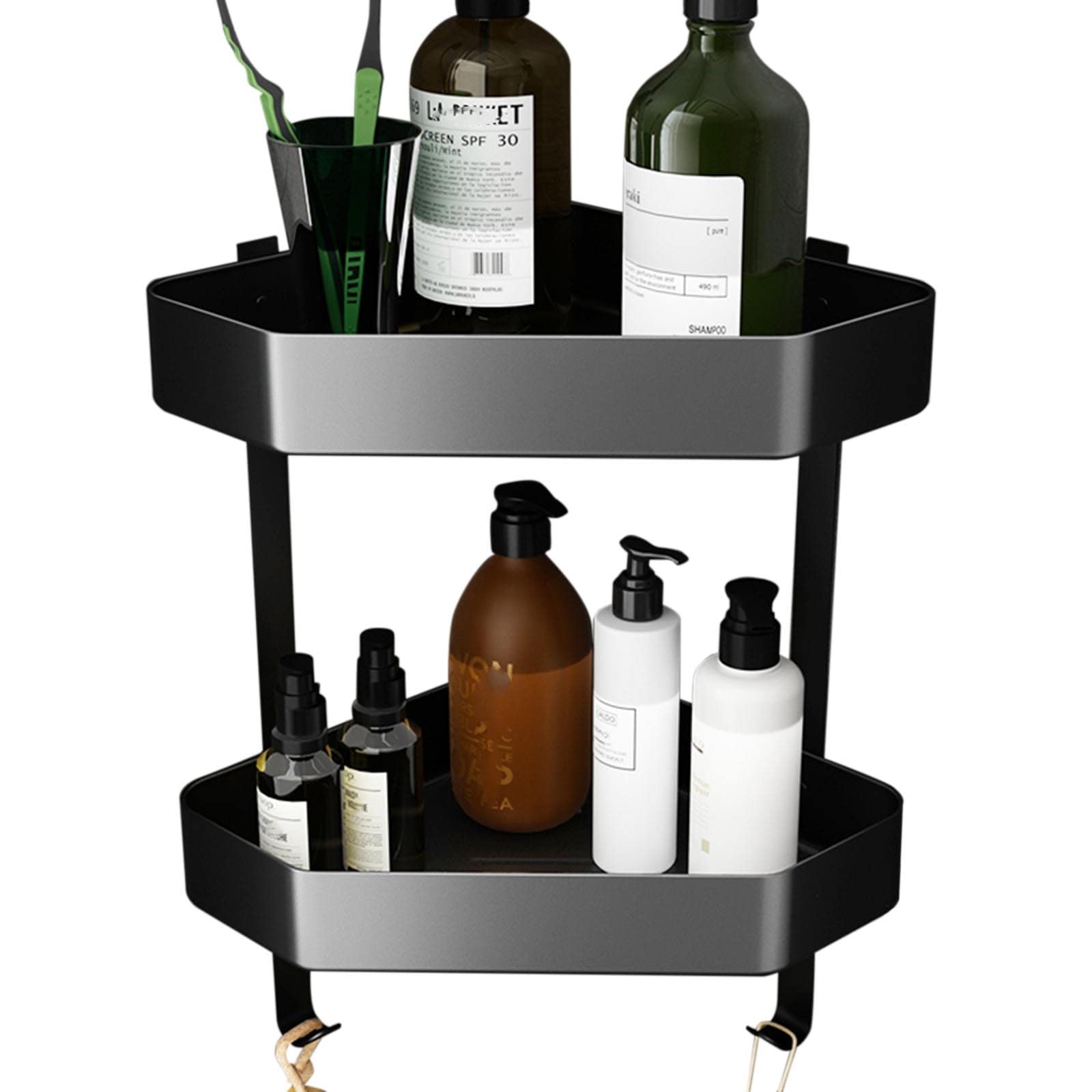 Corner Shower Shelf - No Drill Adhesive Wall Mounted Shower Organizer with Hooks, Space Saving Aluminum Bathroom Storage for Shampoo, Soap & Toiletries - Perfect for Small Bathrooms & Apartments (Black)
