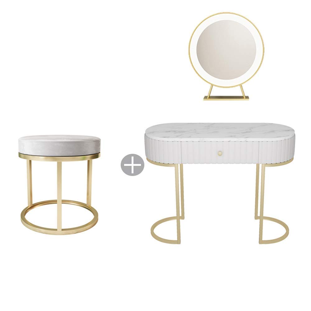 **Entryway Sofa Table Vanity Set with Adjustable LED Mirror & Cushioned Stool - Hall Console Dressing Table with Marble Top for Bedroom, Closet, or Hallway - Perfect for Makeup, Storage & Home Decor**