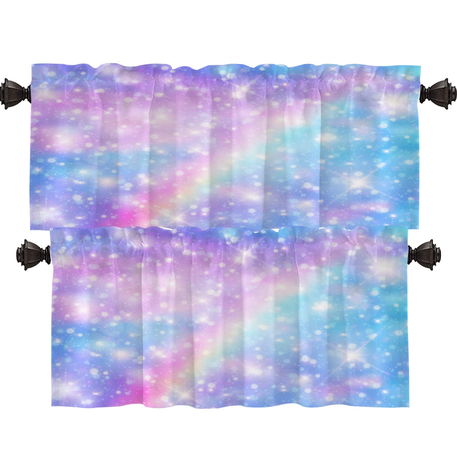 Shrahala Pastel Rainbow Unicorn & Glitter Stars Kitchen Valance - 52x16 Inch Galaxy Fantasy Window Curtain for Kitchen Decor | Perfect for Half Windows, Dorm Rooms & Nursery Decor