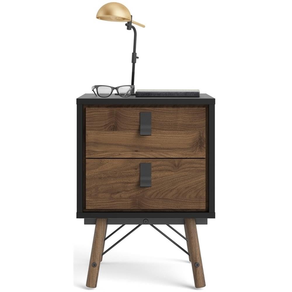 Tvilum Black Matte and Walnut 2-Drawer Nightstand - Modern Bedside Table for Bedroom, Living Room, or Guest Room Storage