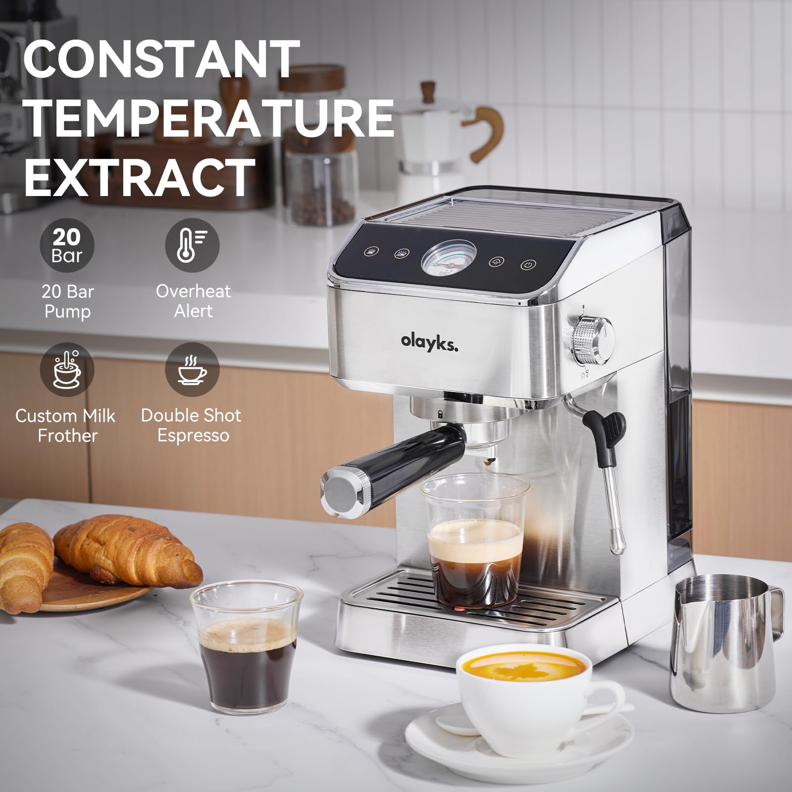 20 Bar Espresso Machine with Milk Frother - Stainless Steel Coffee Maker, 1400W, 1.8L Removable Water Tank - Perfect for Home Baristas to Make Latte, Cappuccino & Macchiato - Ideal for Kitchen, Office & Coffee Shops