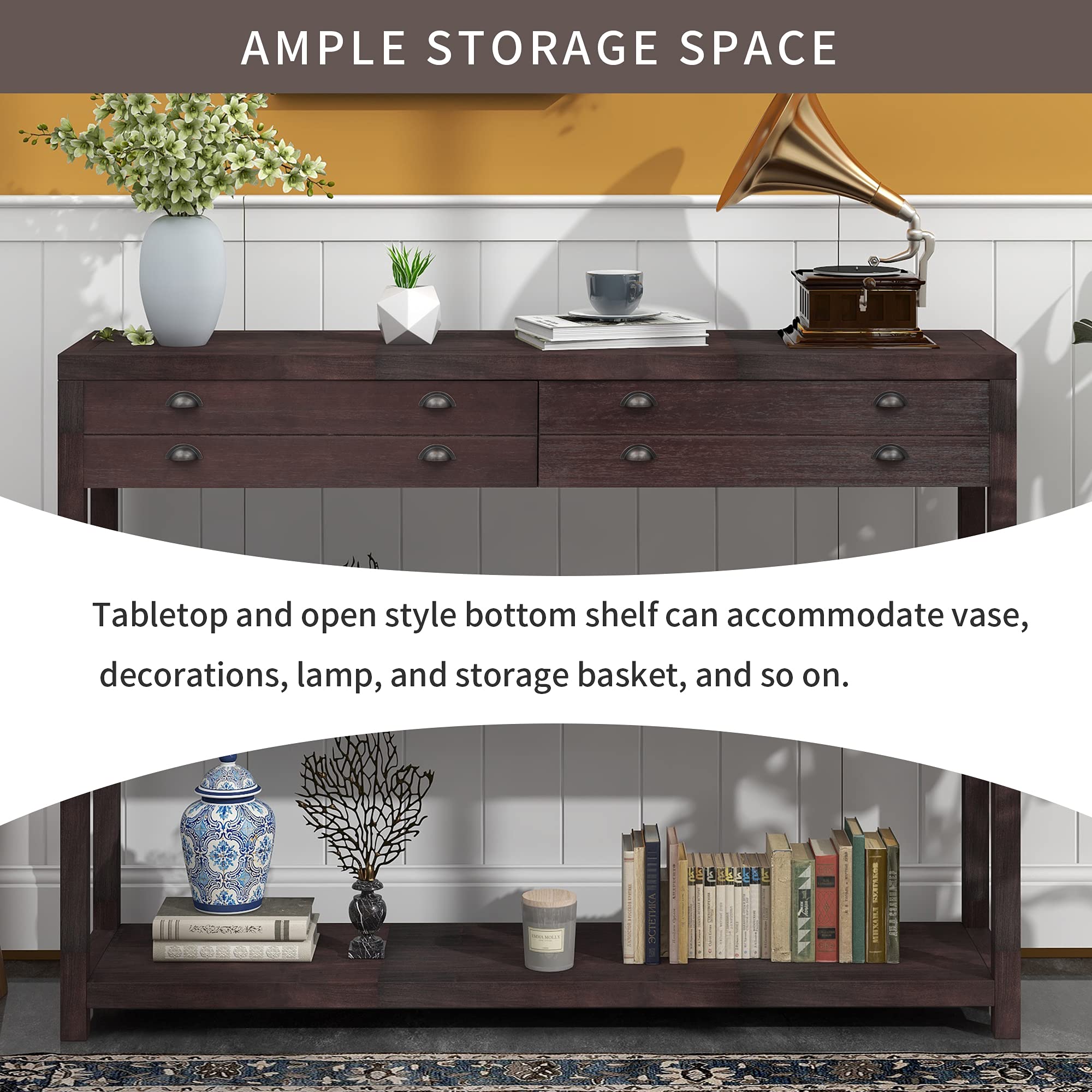 Solid Wood Console Table with 2 Large Storage Drawers, Rustic Entryway Sofa Table with Open Shelf - Modern TV Stand for Living Room, Bedroom, Hallway (Espresso, Large Size) | Perfect for Small Space Organization & Home Decor