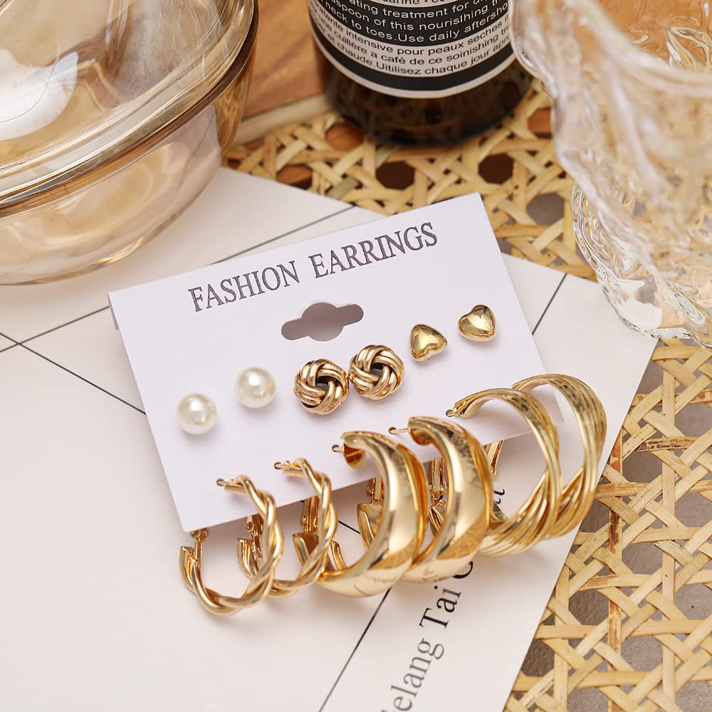 Shining Diva Fashion 11-Piece Vintage Pearl Earrings Set for Women - Gold Plated Dangle, Heart, Butterfly & Hoop Earrings - Geometric Jewelry Collection | Perfect for Parties, Weddings & Everyday Wear