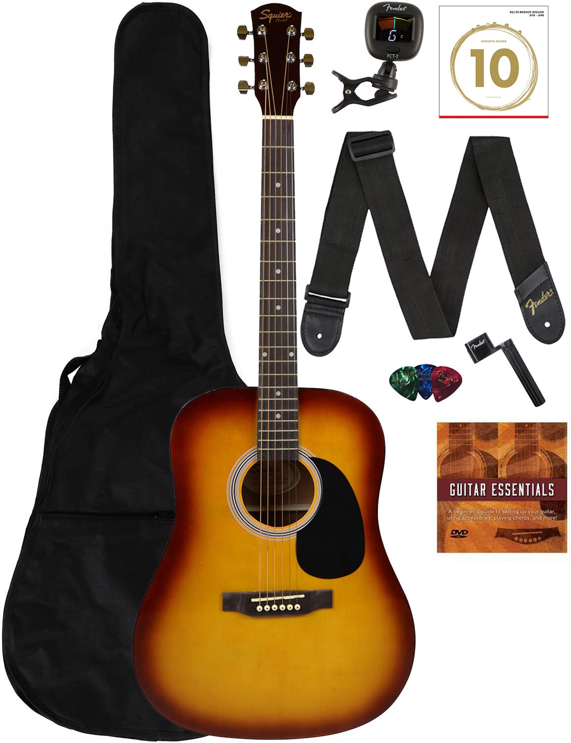 Fender FA-115 Dreadnought Acoustic Guitar Sunburst Bundle with Gig Bag, Tuner, Strings, Strap & Picks - Perfect for Beginners, Campfires & Live Performances