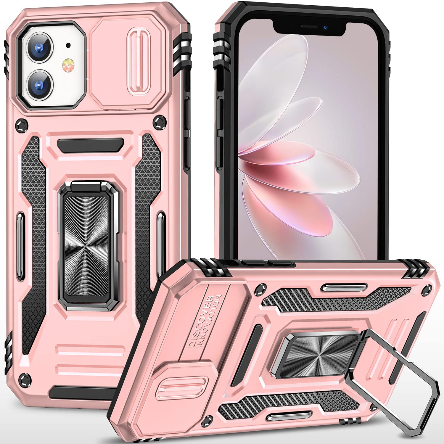Premium Magnetic Phone Case for iPhone 12/12 Pro - Rose Gold with Camera Cover, Ring Holder Kickstand & Car Mount | Slim Protective Cover for Work, Travel & Everyday Use