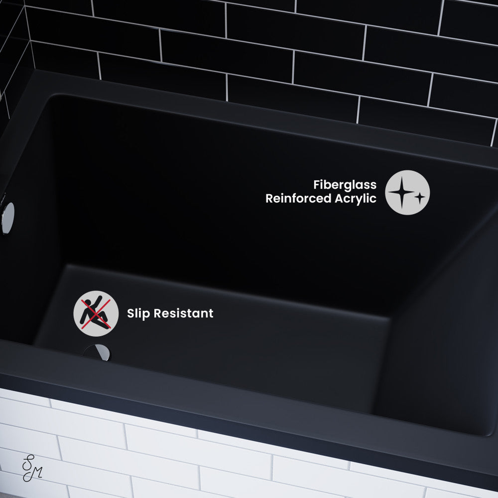 Voltaire 48 x 32 Left Hand Drain Alcove Bathtub in Matte Black - Freestanding Soaking Tub for Small Bathrooms, Modern Matte Black Finish, Perfect for Apartments and Master Baths