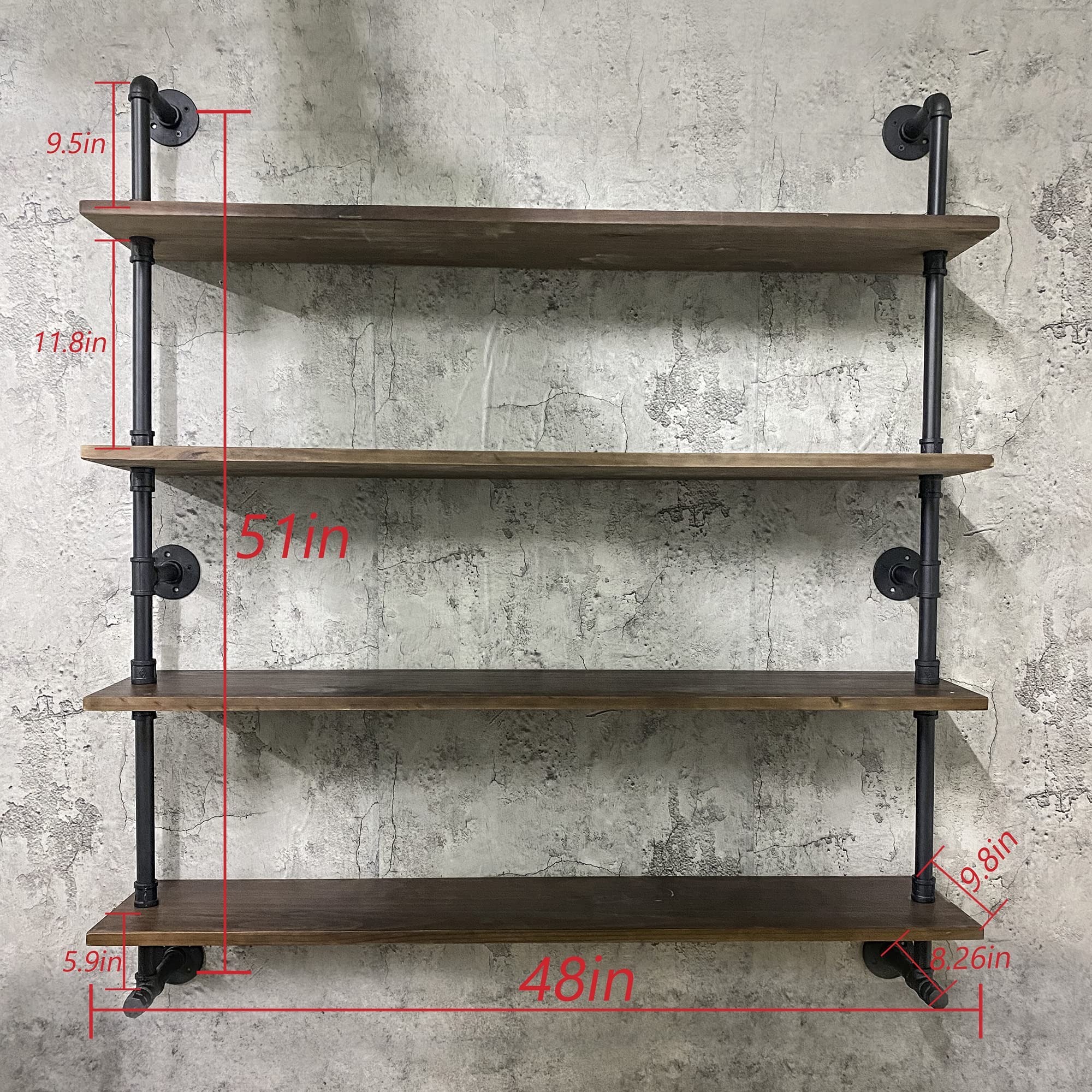 Industrial Pipe Wall Shelves with Solid Wood Plank - 48 Inch Floating Shelves for Kitchen, Living Room & Bar Decor - 4 Tier Rustic Bookshelf in Dark Brown - Perfect for Farmhouse Style, Home Organization & Displaying Plants/Books/Decor