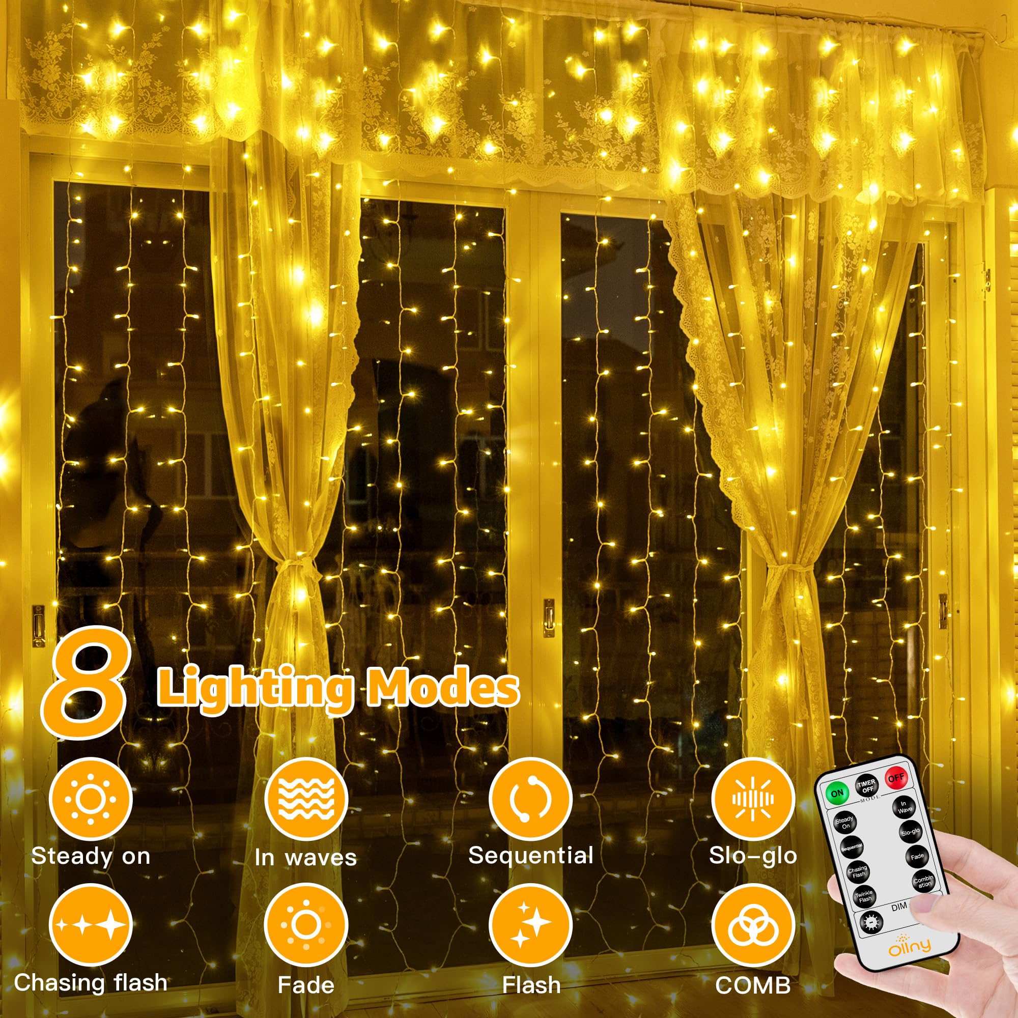 Ollny 200LED Curtain Lights 6.6x6.6ft - USB Powered Warm White Fairy String Lights with Remote, 8 Modes & Dimmable Timer - Waterproof Indoor/Outdoor Decorative Lighting for Bedroom, Wall, Window, Backdrop, Wedding, Party, Garden