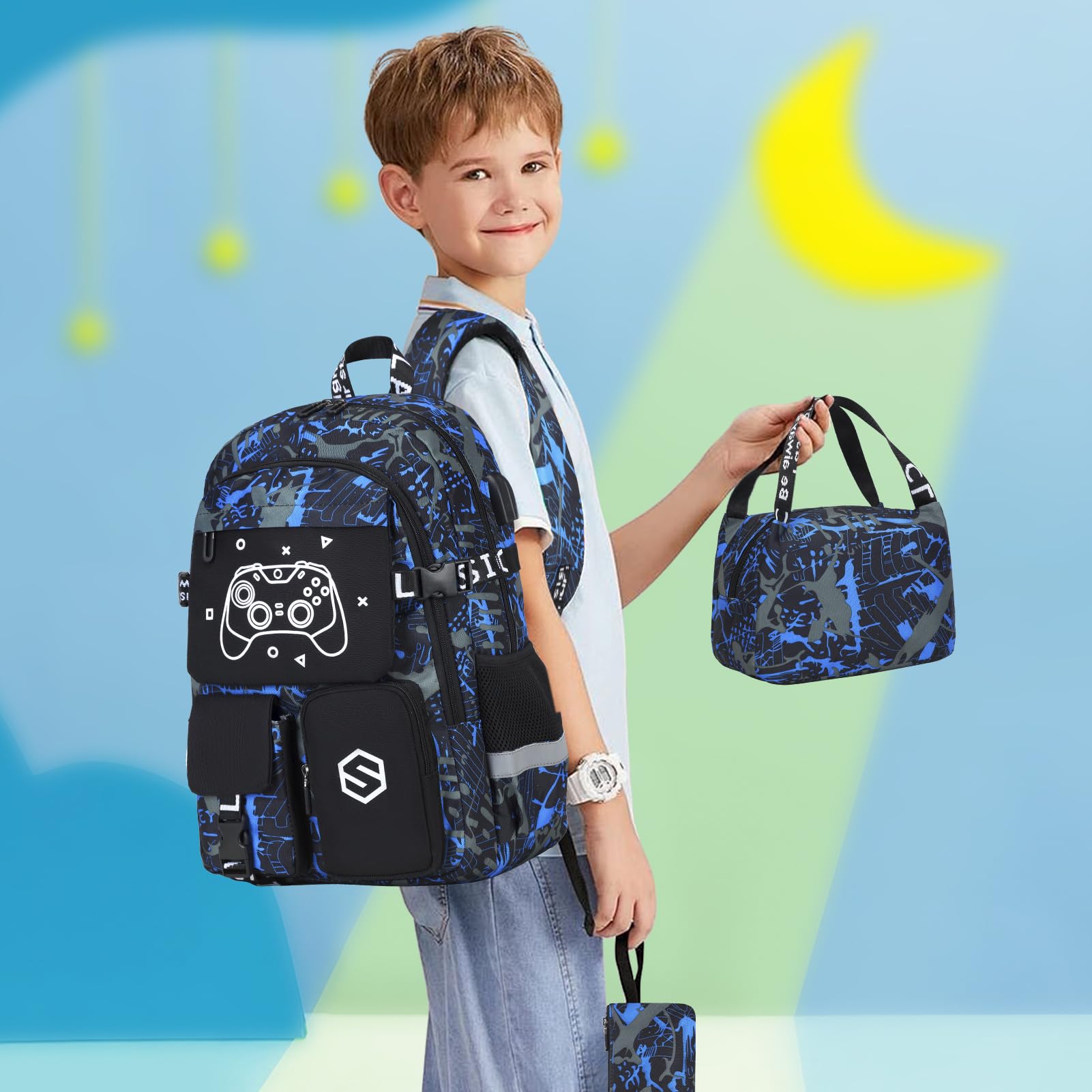 **Cool Luminous Boys Backpack with Lunch Bag & Pencil Case - USB Charging Port, Durable School Backpack for Kindergarten, Elementary & Middle School Boys - Perfect for Daily Use, Travel & Outdoor Adventures**