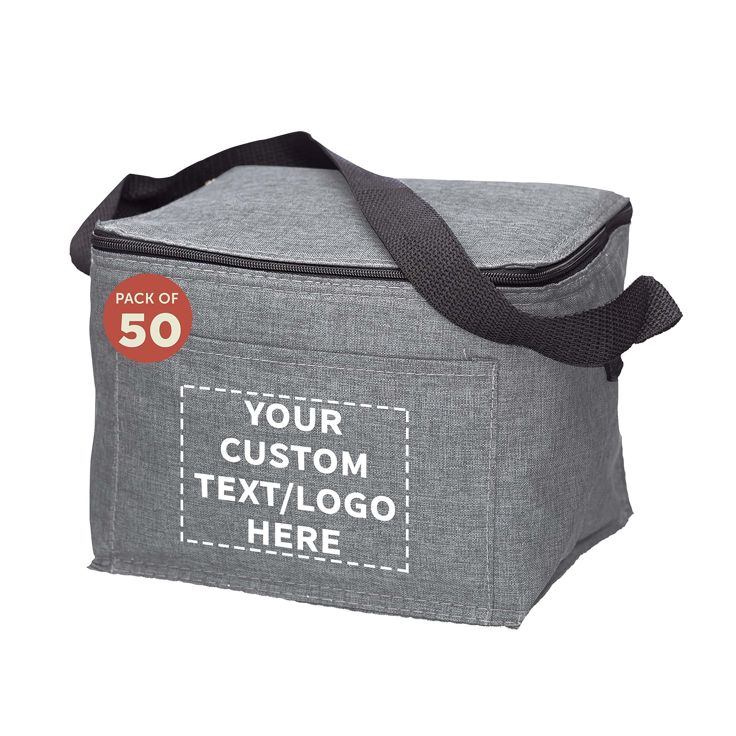 Custom Insulated Cooler Lunch Bag Set of 50 - Personalized Bulk Pack for Work, Travel & Outdoor Events - Reusable Grey Lunch Cooler for Office, Picnics, Camping & Beach Trips