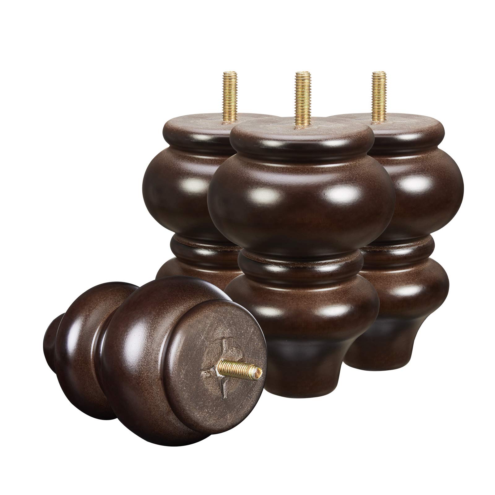 5 Inch Round Wooden Sofa Legs - Pack of 4, Espresso Mid Century Furniture Legs for Couch, Desk & Dresser - Durable Replacement Parts for Sideboard, Recliner, Coffee Table & Chair - Perfect for Home Office & Living Room Decor