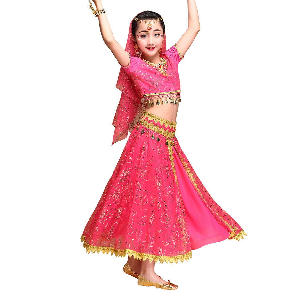 Belly Dance Costume Bollywood Dress - Chiffon Dance Outfit with Head Veil for Girls, Perfect for Halloween, Parties, and Performances
