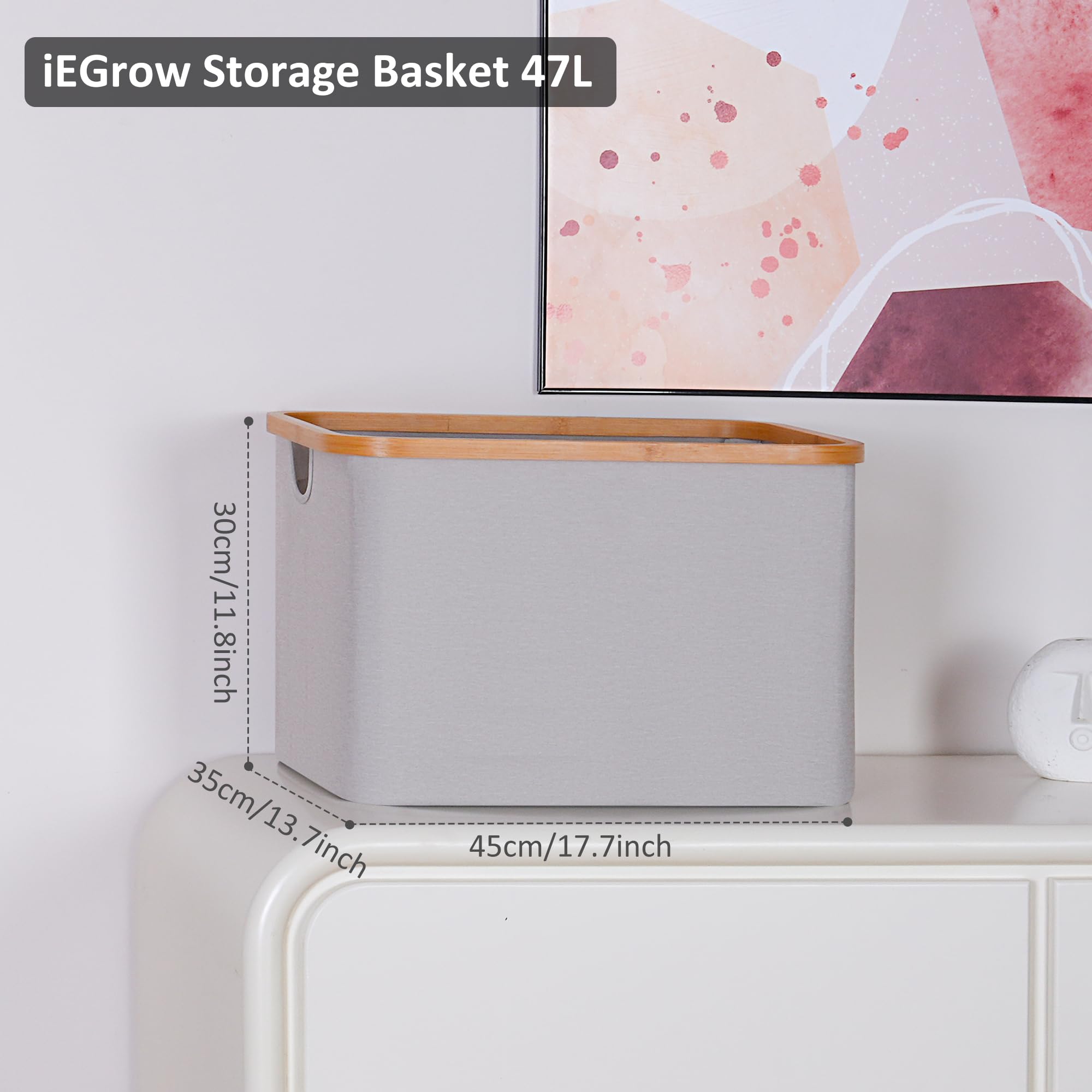 47L Collapsible Storage Baskets with Bamboo Handles - Foldable Rectangle Organizer Bin for Toys, Books, Shelves & Closet - Light Grey Home Organization Solution for Bedroom, Nursery & Playroom