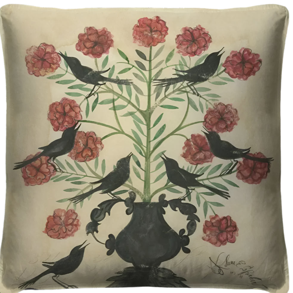 Black Birds on Pink Floral Throw Pillow - Decorative Cushion Cover for Sofa, Bed & Home Decor
