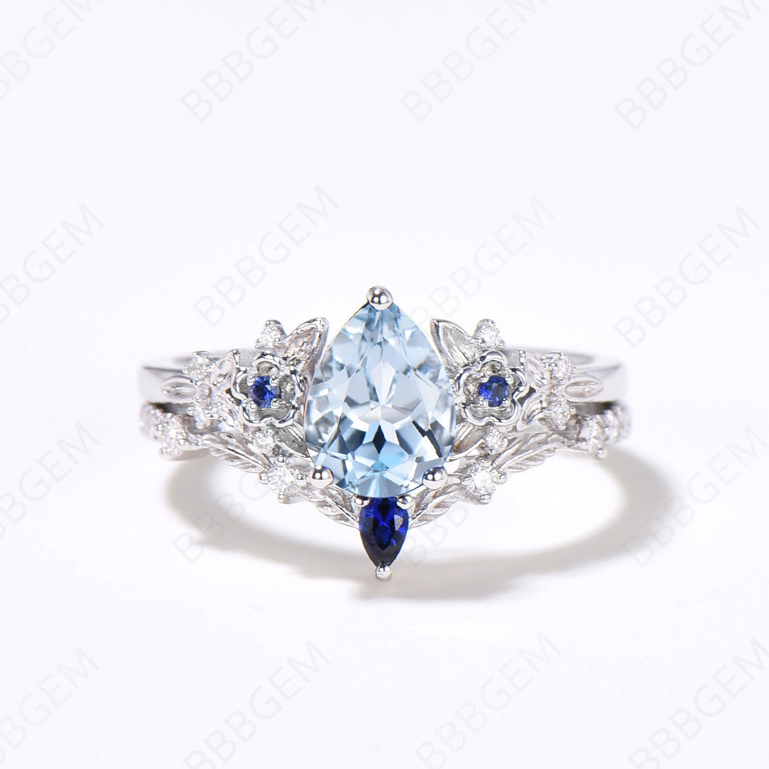Vintage Pear Aquamarine Engagement Ring - Rose Gold Leaf Flower Sapphire Ring for Women, Unique Cluster Diamond Retro Bridal Wedding Ring Set, Perfect Gift for Anniversaries, Proposals & Special Occasions