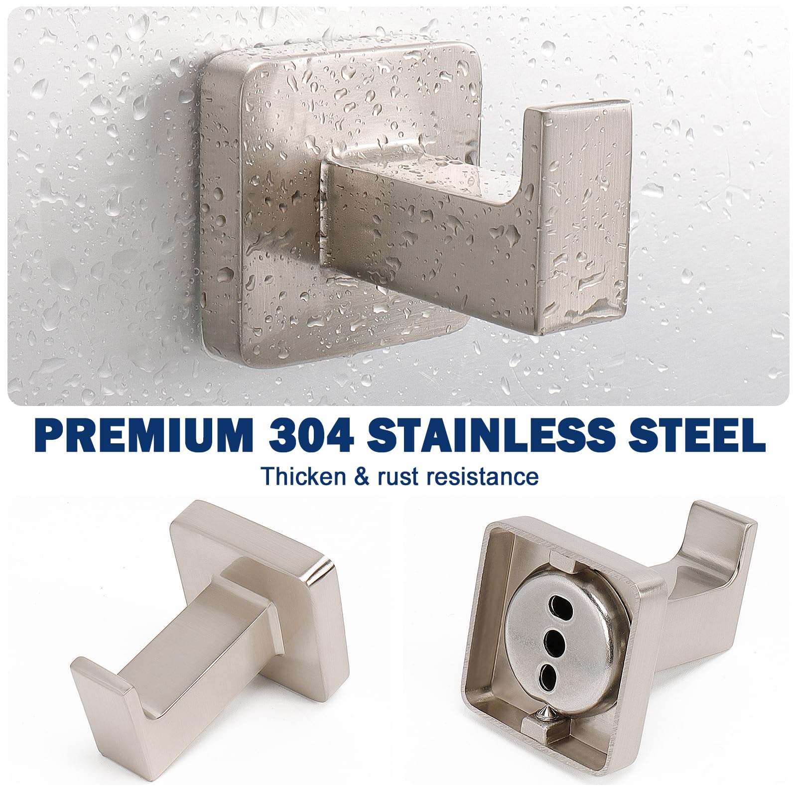 NearMoon 3-Pack Brushed Nickel SUS304 Stainless Steel Square Bath Towel Hooks - Heavy Duty Wall Mounted Coat Hangers for Bathroom, Living Room, Hotel, Kitchen & Garage - Perfect for Organizing Robes, Towels & Clothes