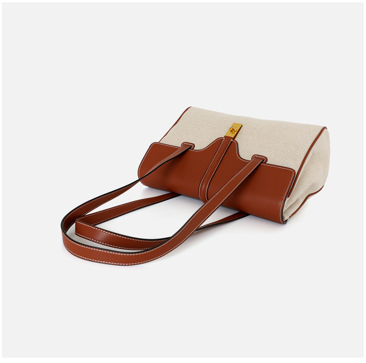 Genuine Leather Shoulder Bag for Women - Stylish Canvas Lock Design Tote Handbag - Perfect for Work, Travel & Everyday Use