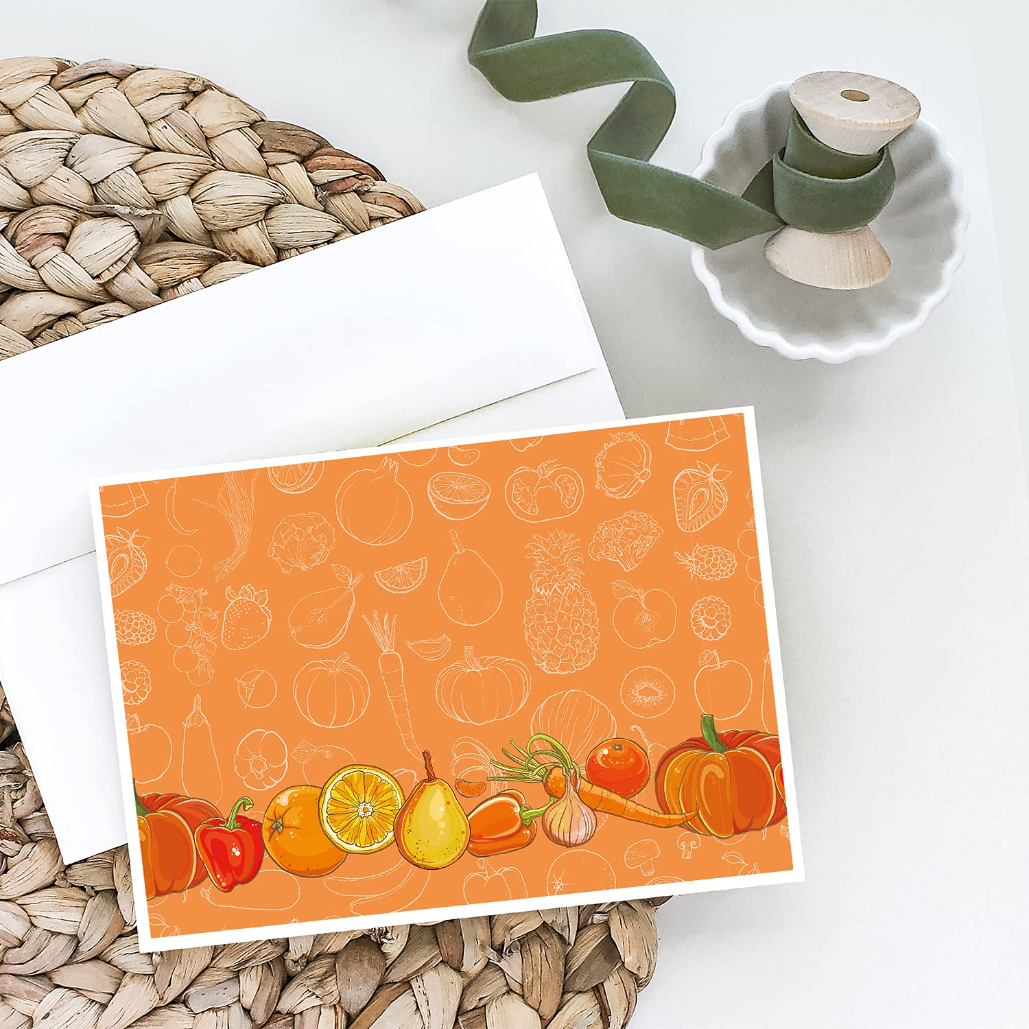 Whimsical Fruits and Vegetables Orange Greeting Cards - Pack of 8 Blank A7 Note Cards (5x7) with Envelopes | Perfect for Birthday Wishes, Thank You Notes & Holiday Greetings