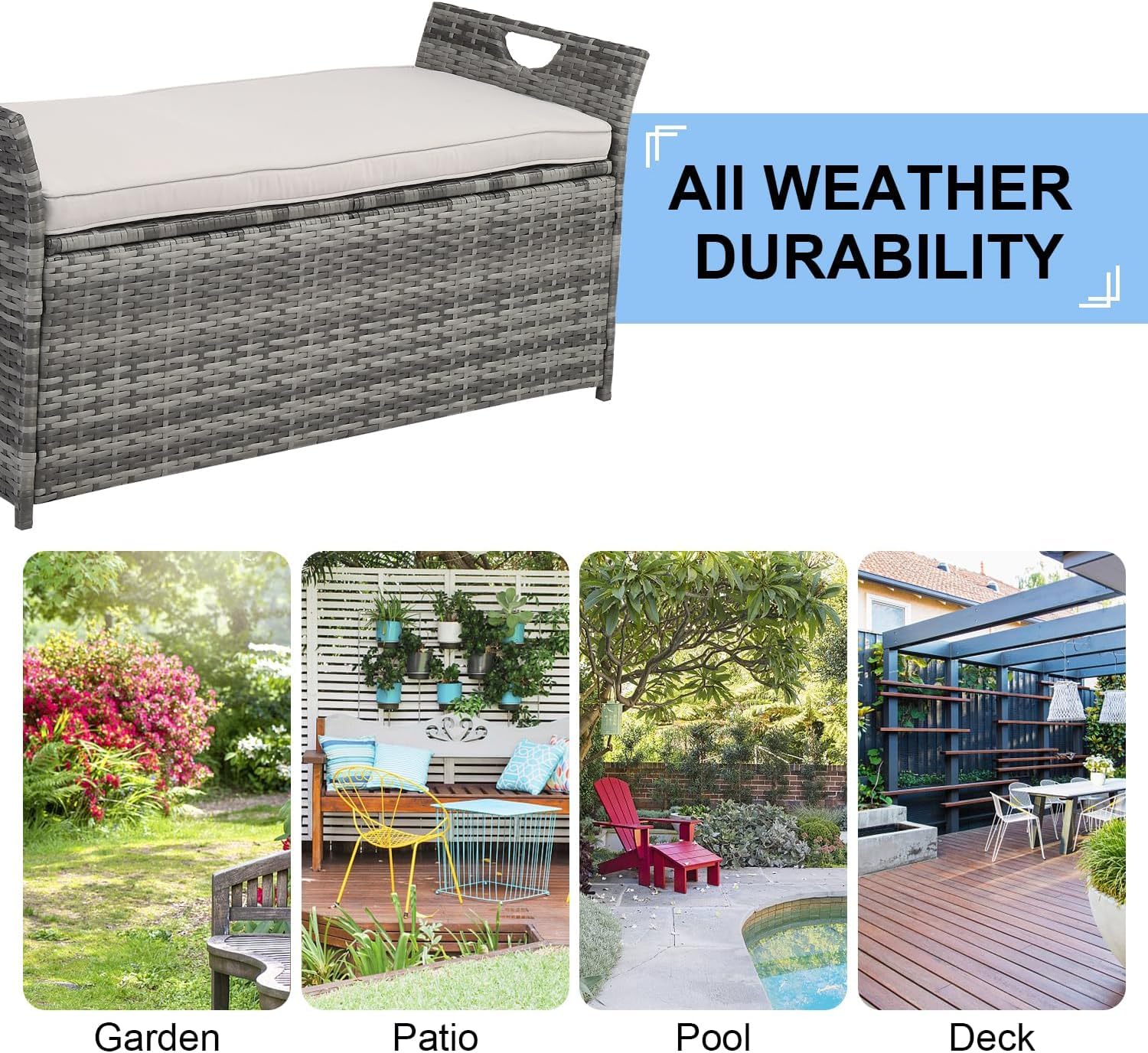 Pvillez PE Rattan Outdoor Storage Bench with Comfy Beige Seat Cushion - 33 Gallon Grey Wicker Deck Storage Box for Patio, Porch, Garden, Balcony - Perfect for Storing Yard Tools, Pool Toys & Outdoor Cushions | Weather-Resistant & Space-Saving Solution